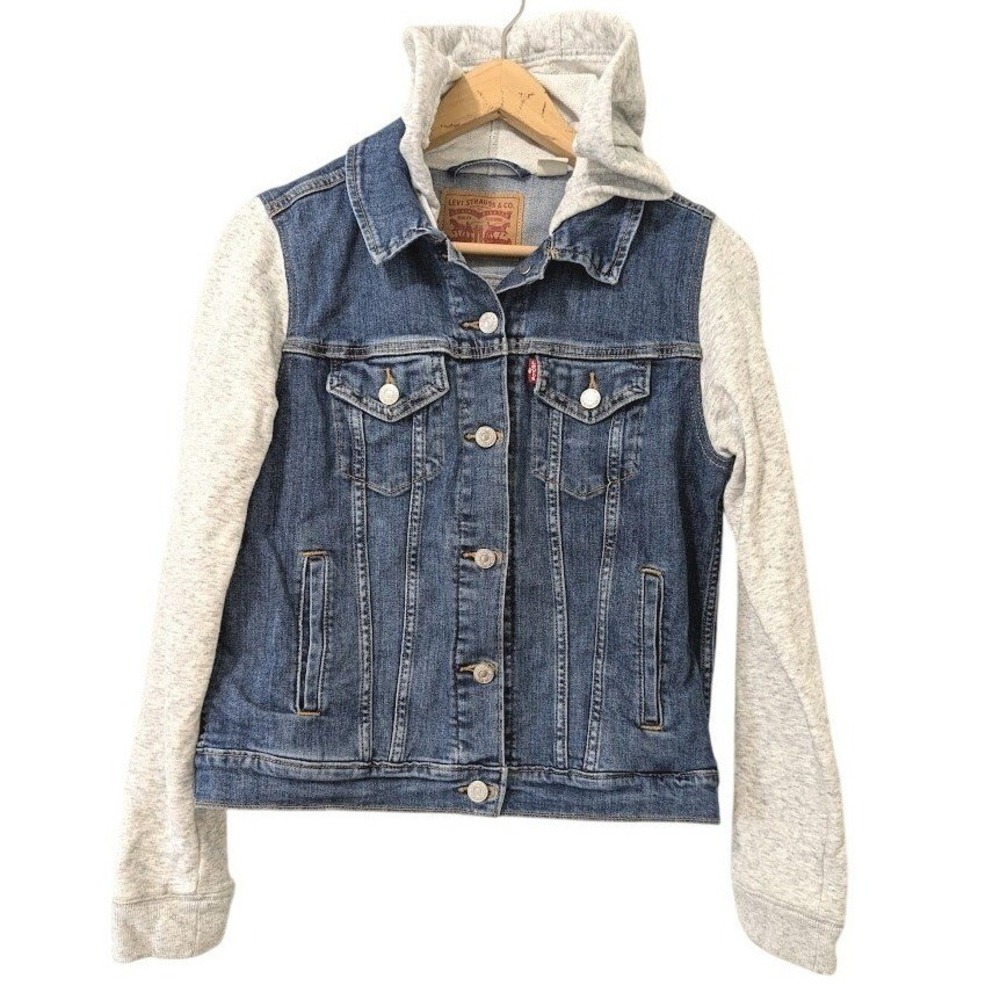 Levi's Womens Denim Trucker Jacket Size M Knit Hoodie Gray Sleeves Zip Up